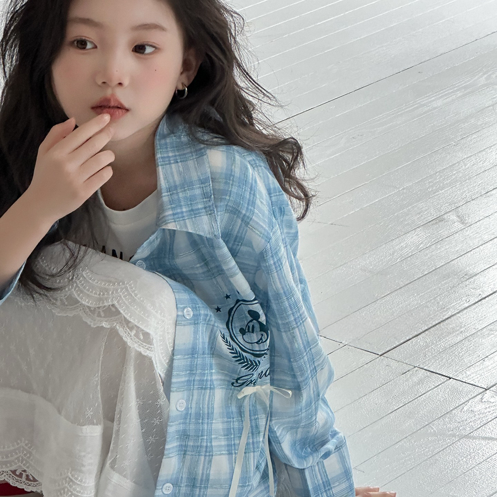 2025春夏装新款韩版宽松显瘦女童格子条纹衬衫长袖防晒衬衣