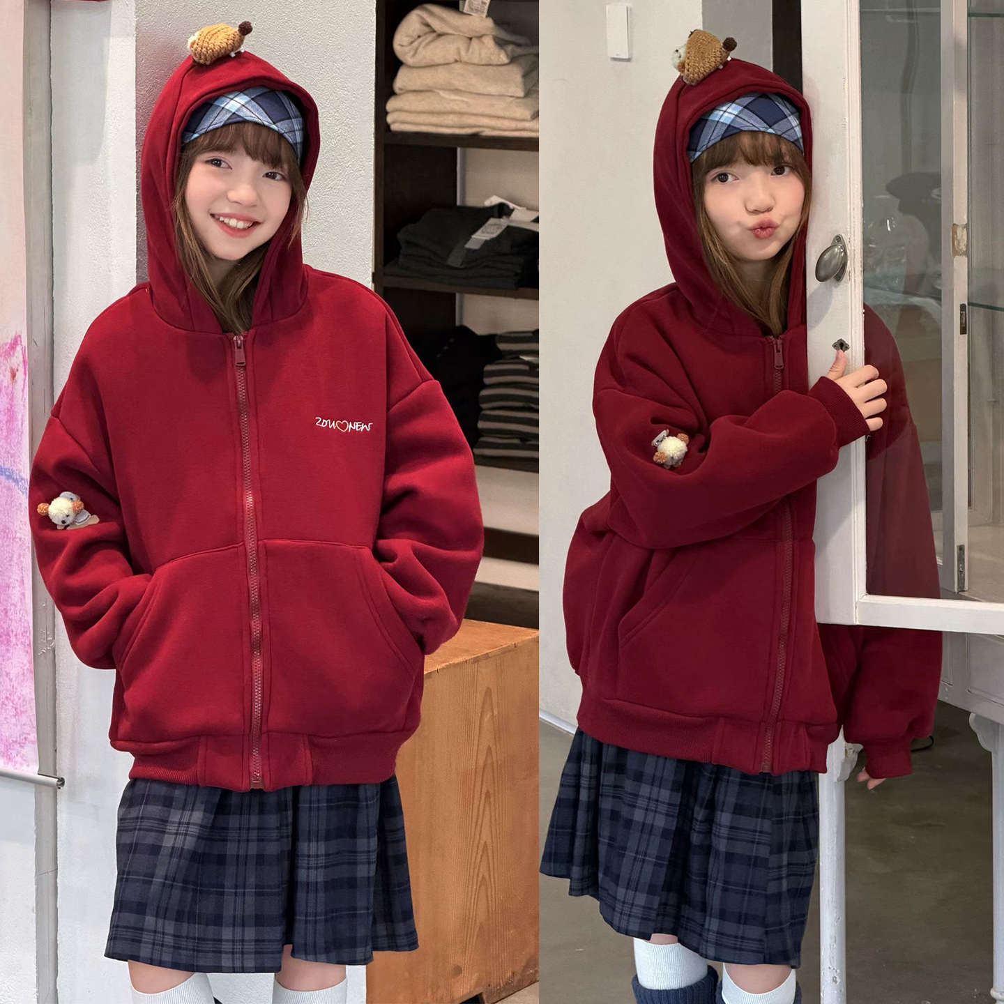 2025冬季新款卡通玩偶加绒加厚奥丽绒韩版连帽卫衣外套