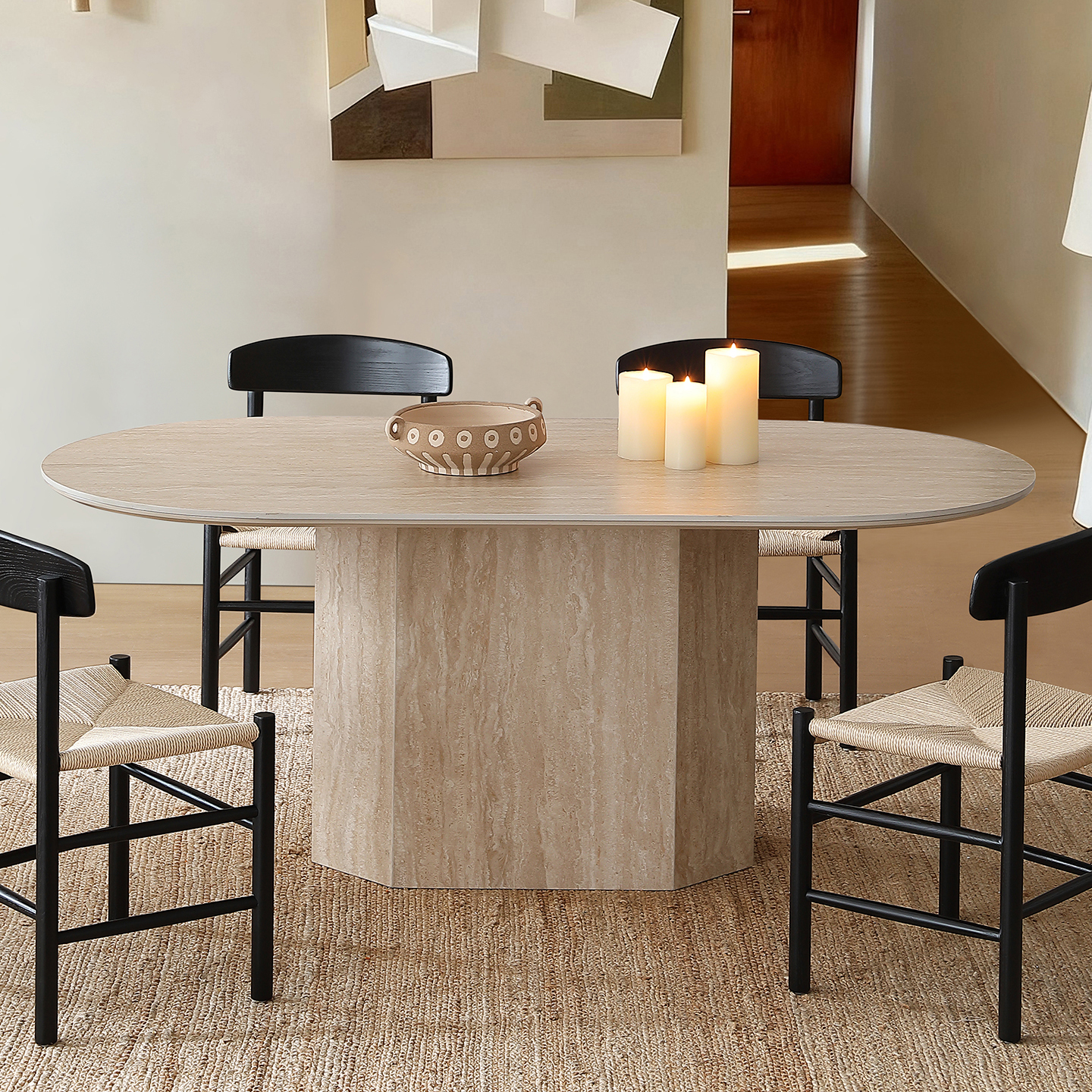 吉诺威 栖岩洞石岩板餐桌简约长方形高级法式复古诧寂风椭圆餐桌