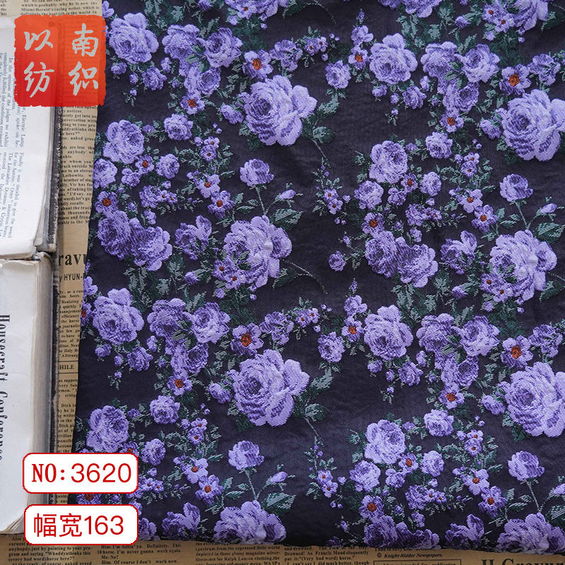 黑紫撞色复古碎花女装玫瑰连衣裙面料春秋优雅服装色织茶歇