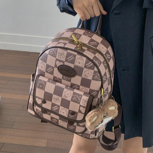 lv5&vv20可爱卡通格纹双肩女大容量通勤背包高级感休闲书包小众设