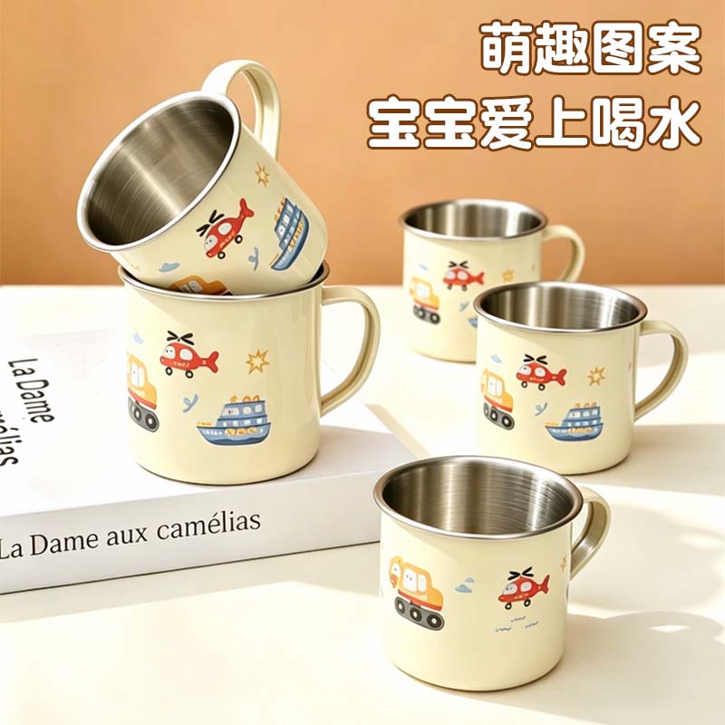 宝宝学饮杯304不锈钢儿童水杯敞口杯直饮幼儿园用牛奶杯防摔口杯 - 实物图