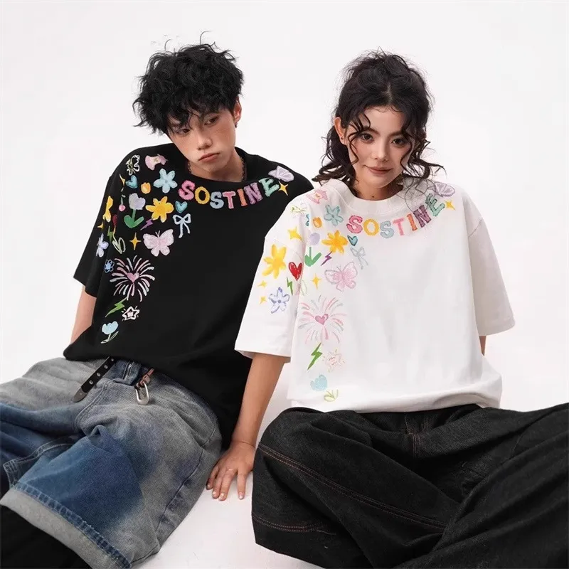 美式创意卡通涂鸦印花短袖t恤男女夏季潮设计感情侣印花半袖上衣