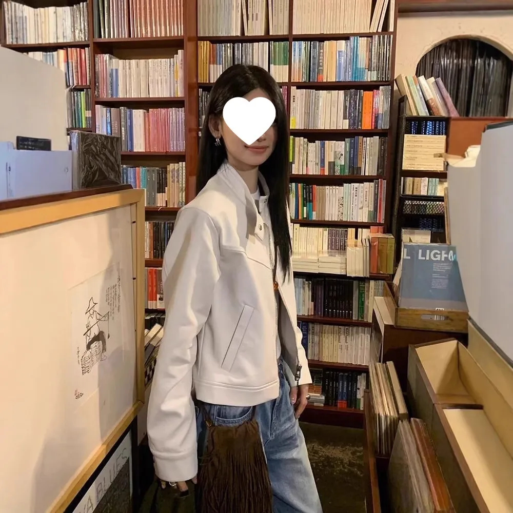 韩版白色短款皮衣外套女春季新款小众设计感宽松显瘦休闲夹克上衣