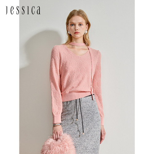 飘带V领镂空提花毛针织衫JESSICA