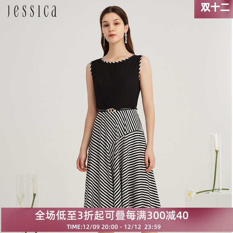 杰西卡夏新款条纹拼接无袖中长款连衣裙女高腰圆领不规则a字裙