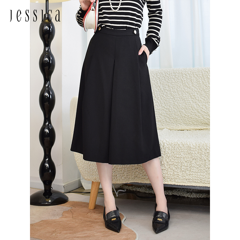 JESSICA年秋冬新品高腰简约设计纯色百搭七分垂顺阔腿女休闲裤