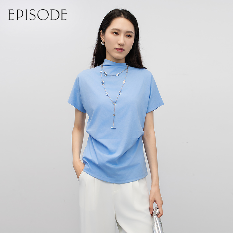 EPISODE夏日多巴胺穿搭潮流韩版半高领遮肉显瘦女纯色蝙蝠短袖T恤
