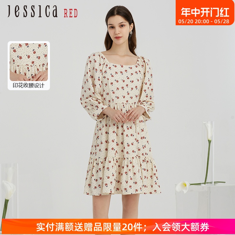 Jessica RED秋新款甜美法式浪漫小碎花方领收腰蓬蓬袖连衣裙女 女装/女士精品 连衣裙 原图主图