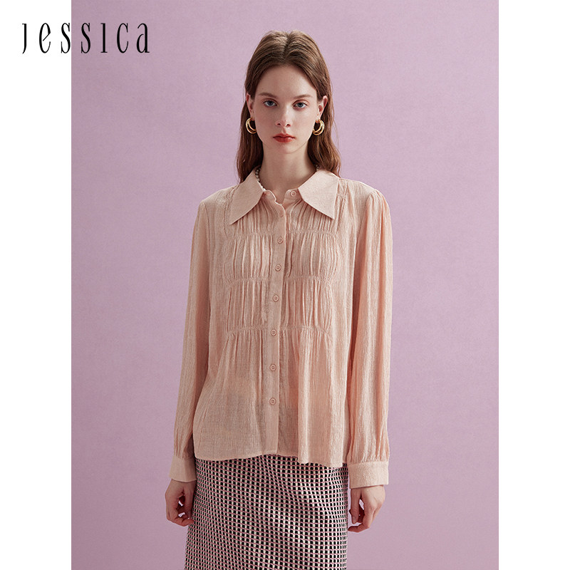 JESSICA年新品简约气质易搭日常通勤女士翻领褶皱长袖衬衫
