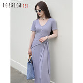 短袖 Jessica RED2025年春夏新款 V领休闲百搭女士连衣裙