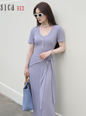 Jessica RED2025年春夏新款短袖V领休闲百搭女士连衣裙