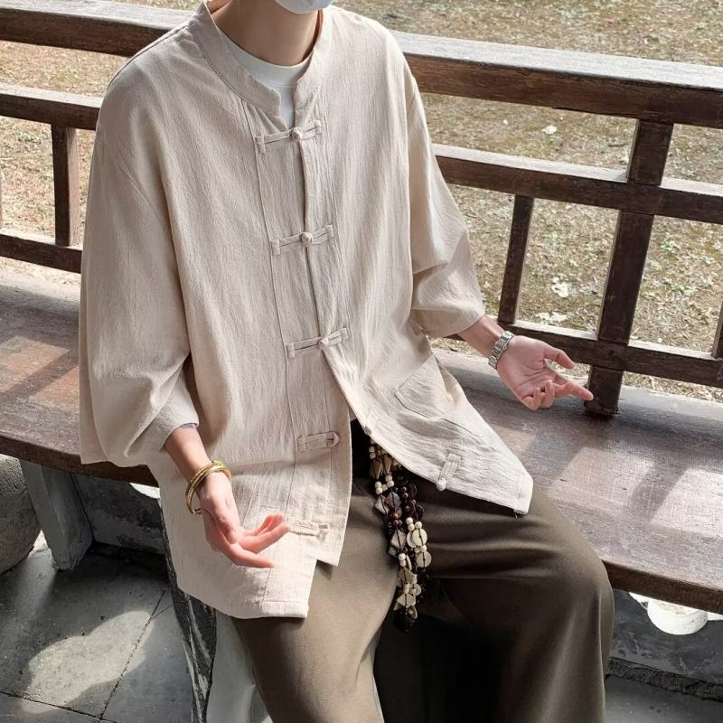 新中式衬衫男士短袖夏季男装薄款外套亚麻宽松七分袖国风唐装上衣