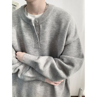 dannyandzee灰色复古亨利领毛衣男秋冬慵懒风cleanfit针织衫外套