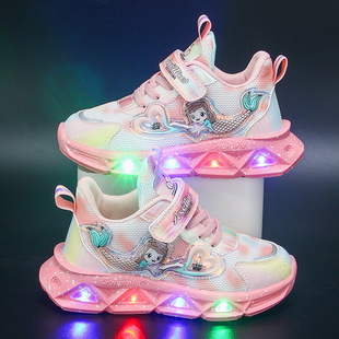 晋江女童鞋带灯运动鞋单网亮晶晶2025早秋透气新款跑步鞋人鱼公主