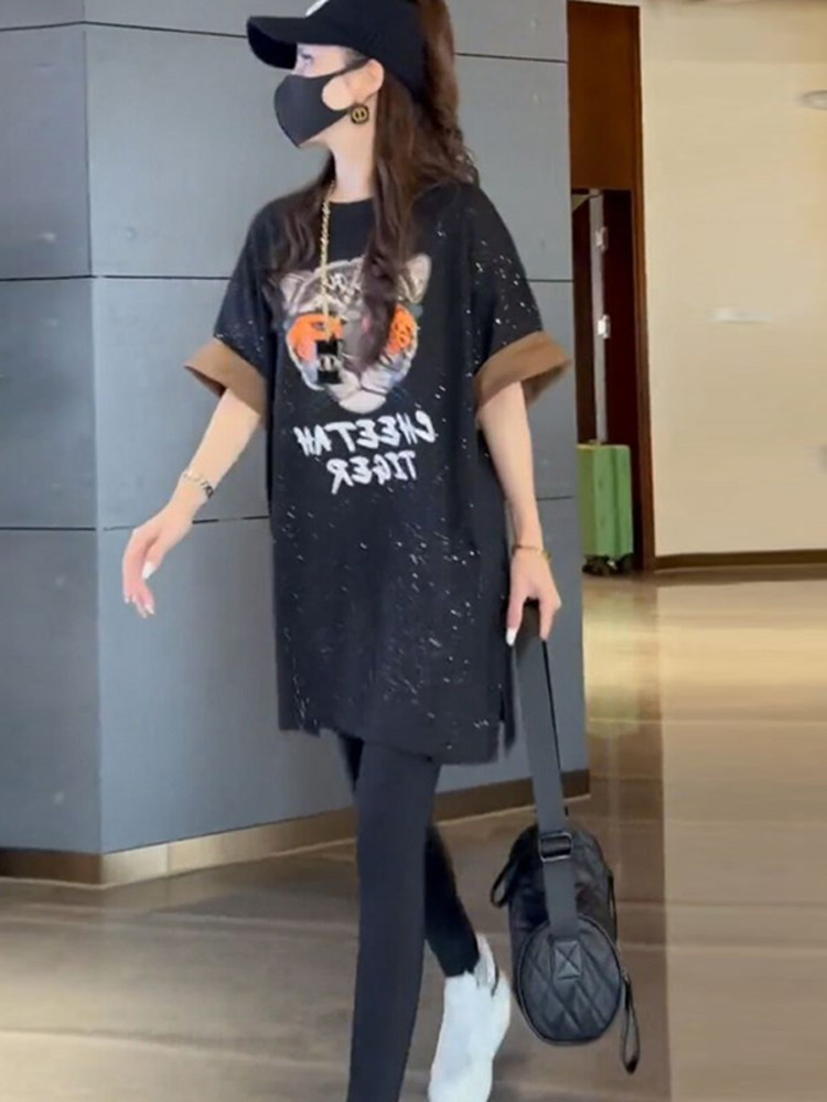 欧货大版短袖t恤女夏装梨形身材胖mm穿搭中长版上衣豹纹印花半袖