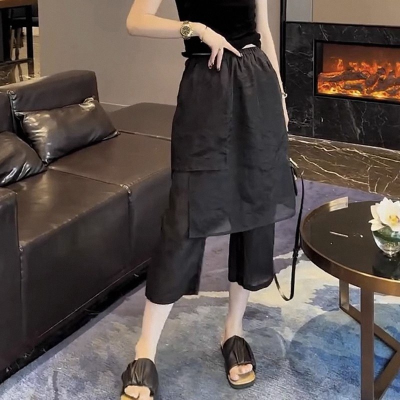 梨形身材穿搭女装早秋欧货爆款八分假两件雪纺休闲裤子女拼接裤裙