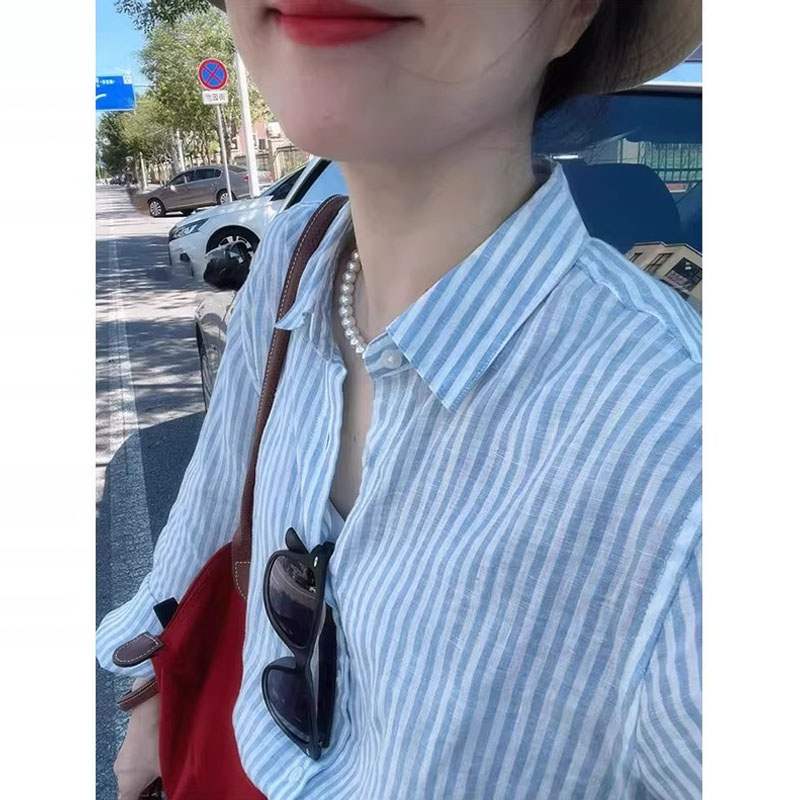 蓝色条纹亚麻棉麻防晒衬衫女夏季欧货经典老钱风宽松透气防晒衬衣