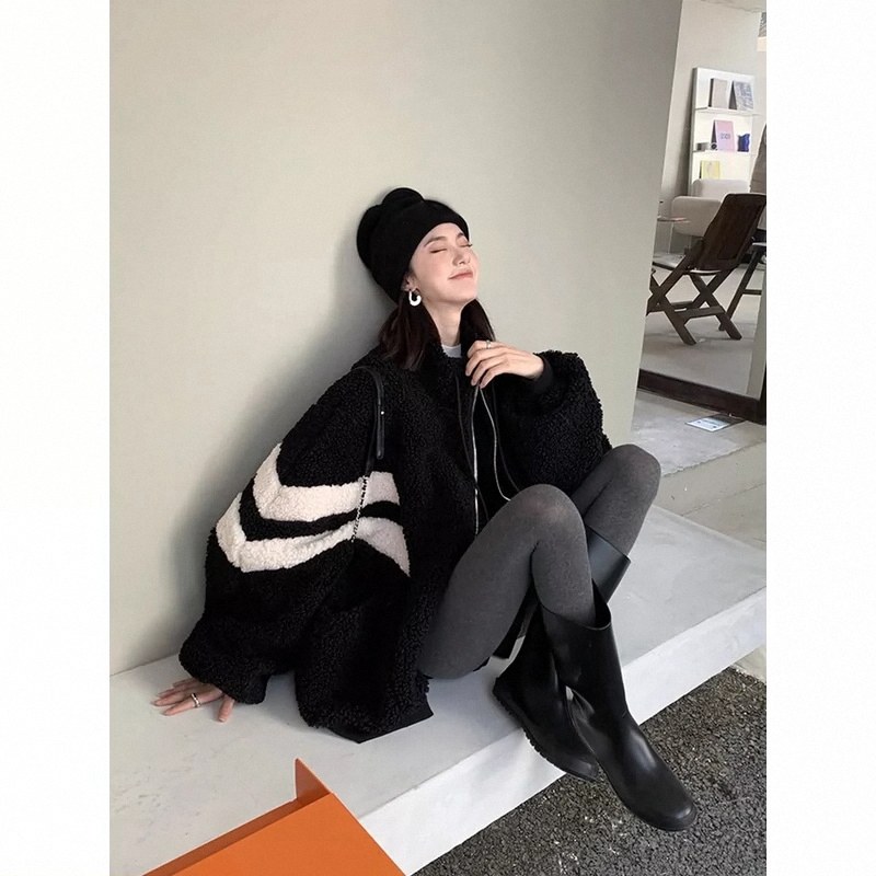 新品美式复古毛绒外套女冬装欧货新款高街棉服加绒加厚拉链卫衣外