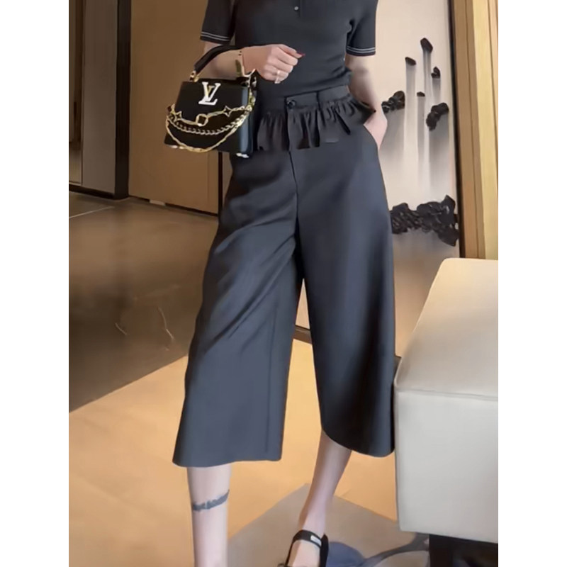 花边休闲裤女夏季2026欧货气质宽松显瘦优雅蓬蓬裙腰八分阔腿裤子