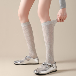 竖纹无骨芭蕾风堆堆袜 纯棉miu秀款 灰色小腿袜子女中筒袜夏季 薄款