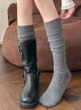 灰色羊毛小腿袜子女堆堆袜秋冬加厚保暖配靴子菱格长筒袜靴袜冬天