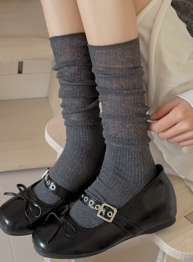 灰色袜子女中筒袜春秋夏季薄款松弛感拼接堆堆袜jk黑白色小腿袜