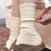 奶白花边袜子女中筒袜配短靴堆堆袜冬季 加厚保暖羊毛袜配靴子长袜
