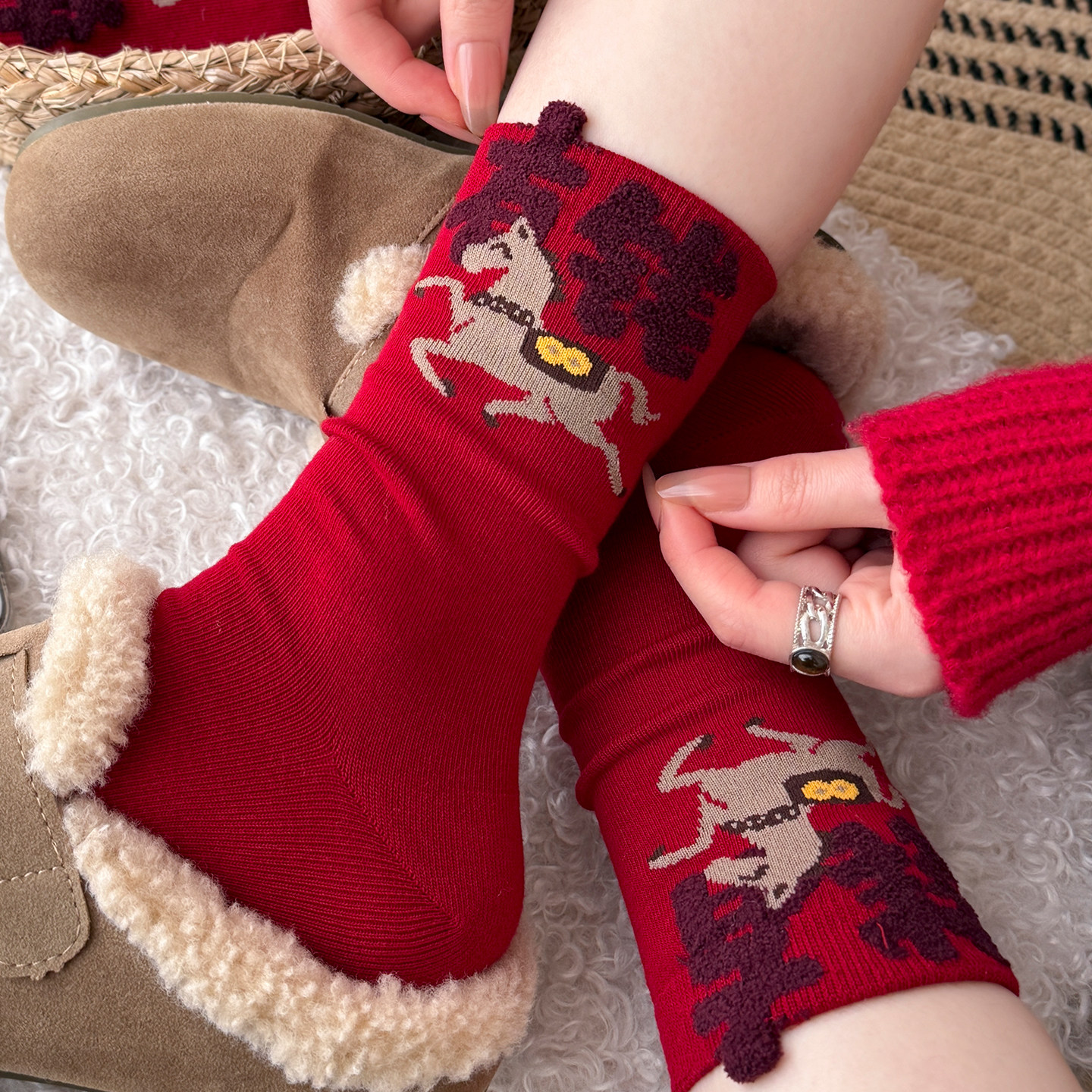 本命年红袜子女纯棉中筒袜2026年马年新款新年情侣结婚长筒堆堆袜