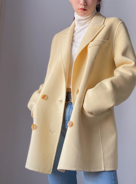 尤氧自制鹅黄色双面羊绒羊毛大衣双排扣中长款宽松西装外套