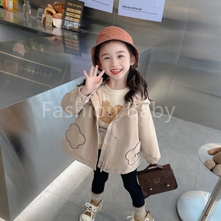 女童风衣外套2024春秋新款儿童春秋洋气卡通中长款薄绒公主上衣潮