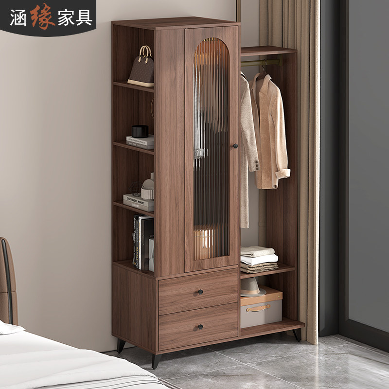 中古风床头柜衣柜一体卧室家用衣帽架收纳柜一体穿衣镜挂衣柜7A60图片