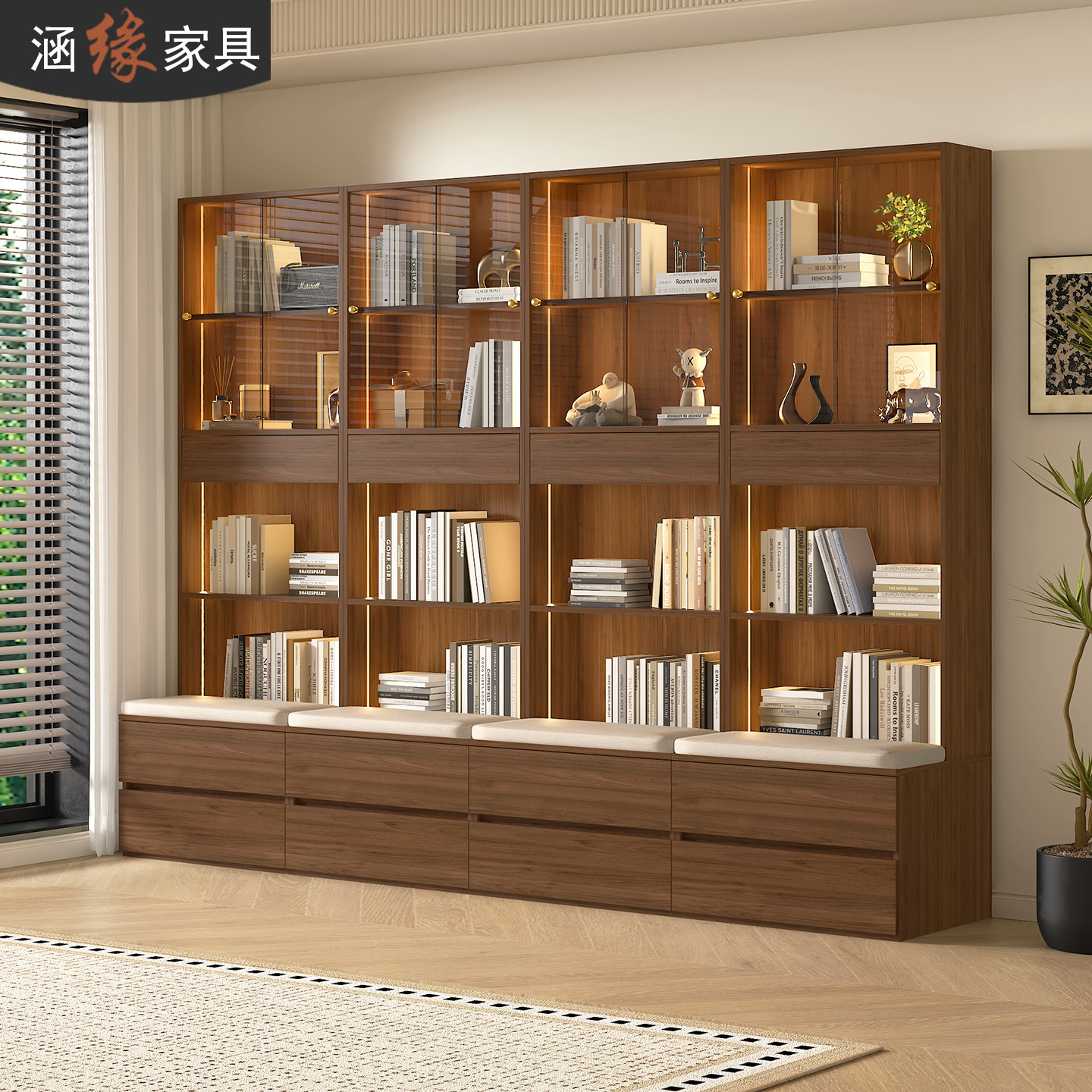 卡座书柜一体整墙客厅满墙带玻璃门书橱展示柜落地书架置物柜F118,住宅家具,单个书柜,淘宝优惠券,粉丝福利购,淘宝优惠卷