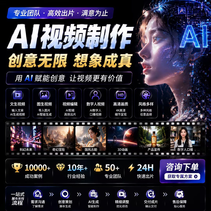 ai视频制作生成动画mv企业宣传片影视动漫广告拍摄创意定制代做