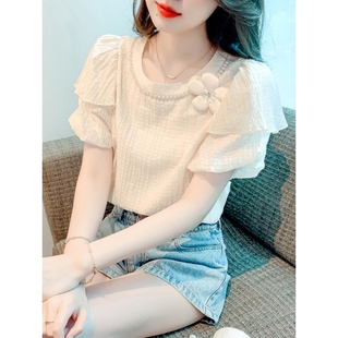 2025新款 上衣設(shè)計(jì)感別致 雪紡t恤女裝 夏季 夏裝 減齡泡泡袖 短袖 法式