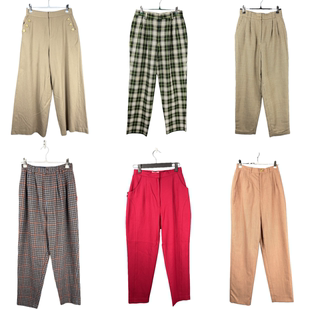 vintage古着裤子日系原单森女彩色格子加厚毛呢宽松高腰萝卜女裤6