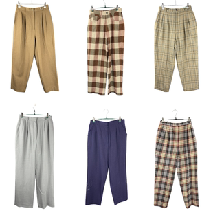 vintage古着裤子日系原单女彩色格子加厚毛呢高腰萝卜女裤腰66-74