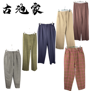 vintage古着裤子日系原单女彩色格子加厚毛呢高腰萝卜女裤62-70腰