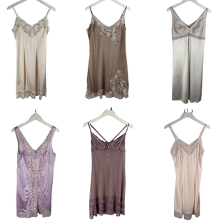 古着vintage复古日系真丝桑蚕丝丝绸纯色蕾丝性感睡衣吊带裙子062