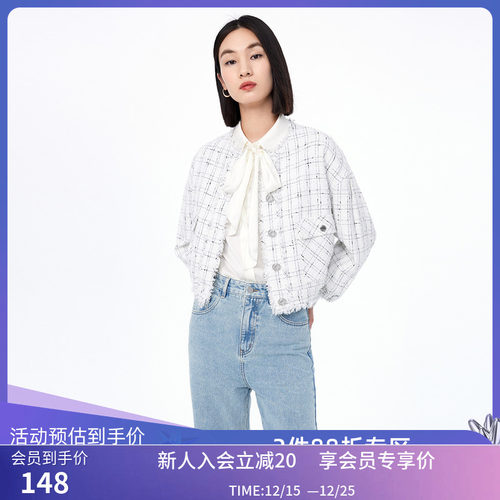 LILY秋新款女装复古格纹别致流苏休闲通勤宽松短外套小个子女