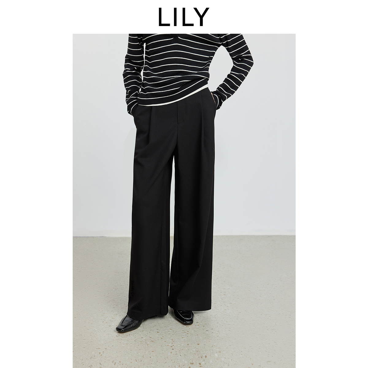 【来了就好】LILY2025冬含羊毛高腰弹力宽松显瘦黑色休闲裤长裤