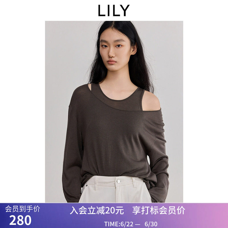 【商场同款】LILY春新款女装设计感简约落肩宽松茶色针织衫