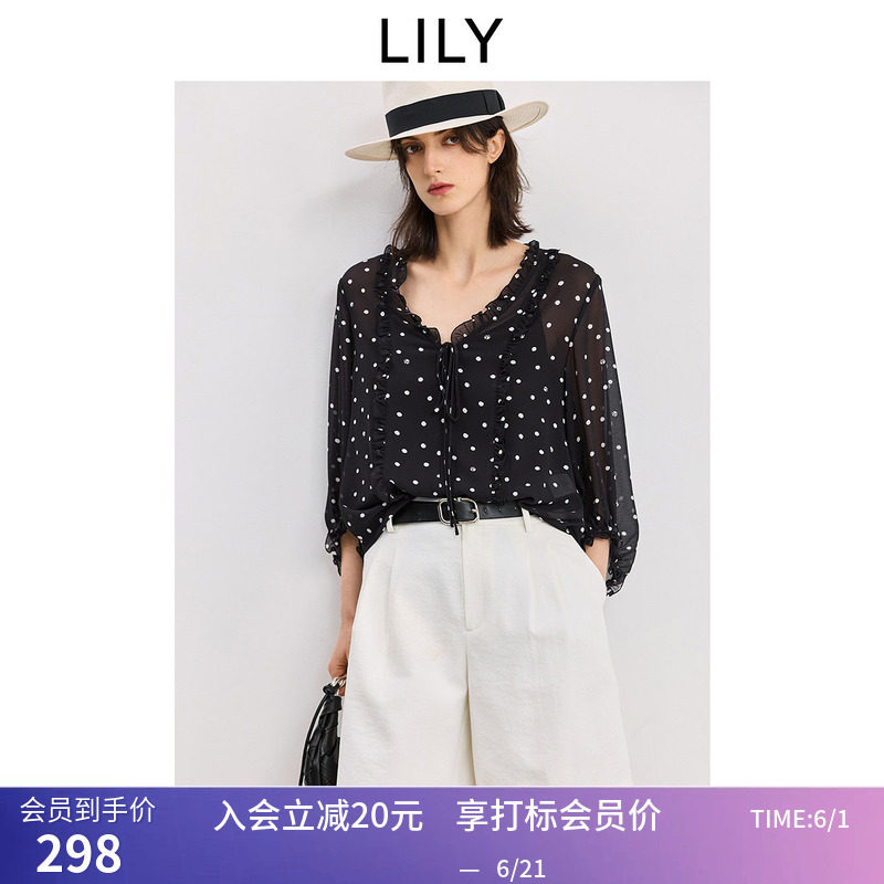 LILY2026夏新款法式复古波点宽松休闲通勤黑色长袖雪纺衫套头衫女