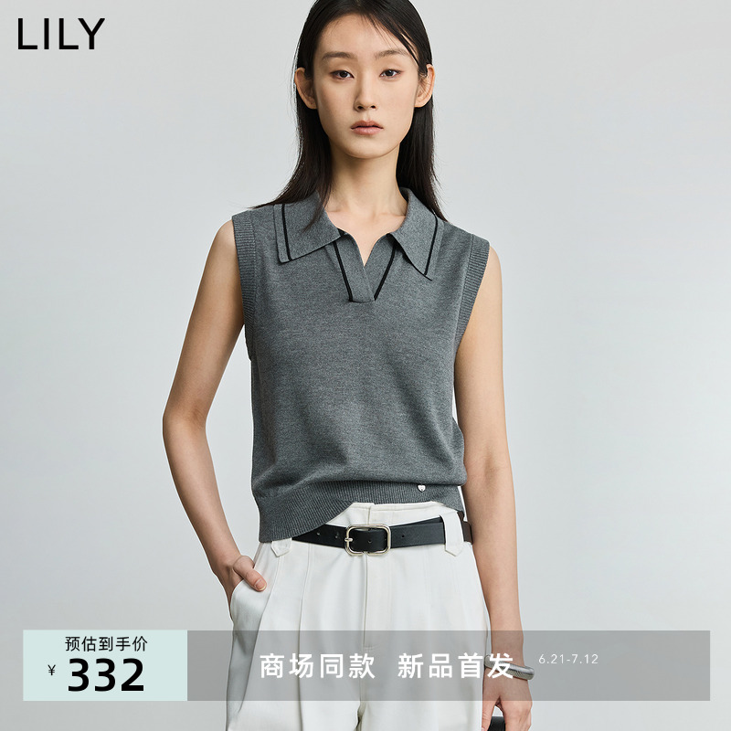 【商场同款】LILY2025夏新款女装格雷系撞色无袖百搭POLO领针织衫