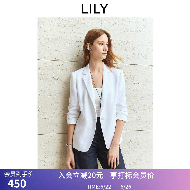 LILY2026夏新款莱赛尔亚麻混纺老钱风宽松休闲通勤白色西装外套女