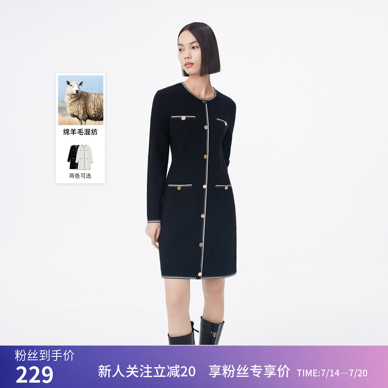 LILY冬新款女装含绵羊毛复古小香风通勤修身针织连衣裙小个子