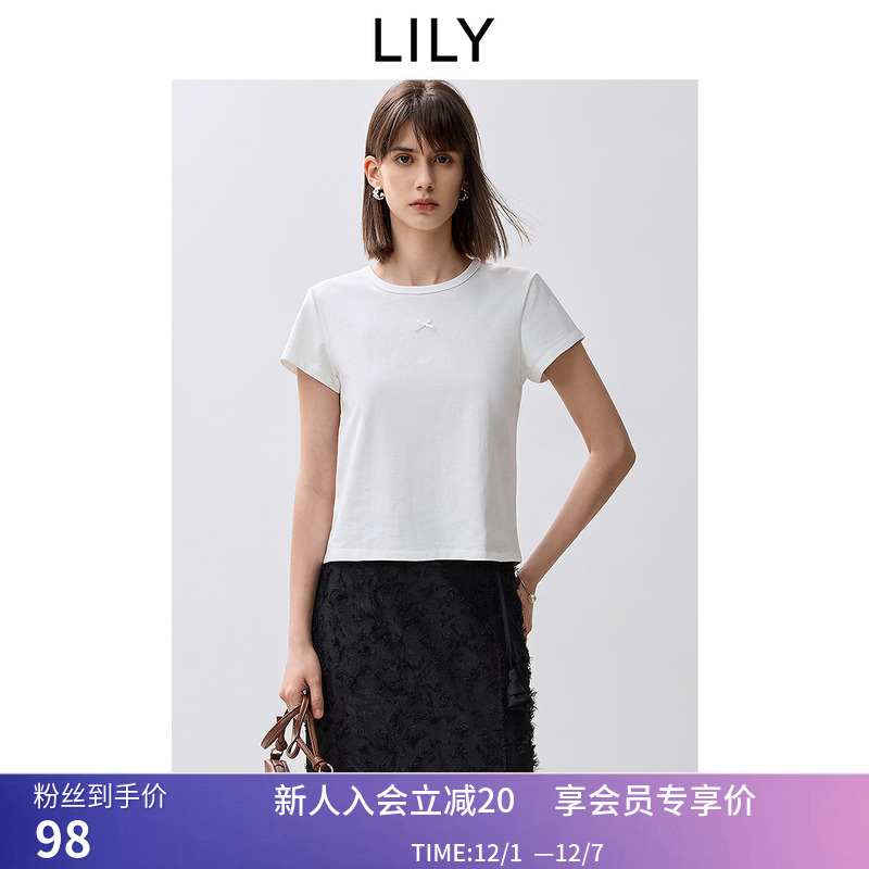 LILY2025夏新款女装简约蝴蝶结基础款百搭通勤纯色T恤气质短袖