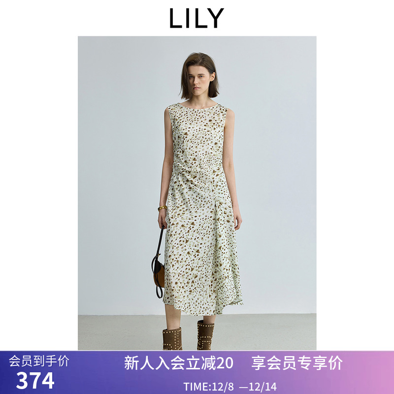 【商场同款】LILY2025秋新款女装度假风撞色收腰圆领无袖连衣裙