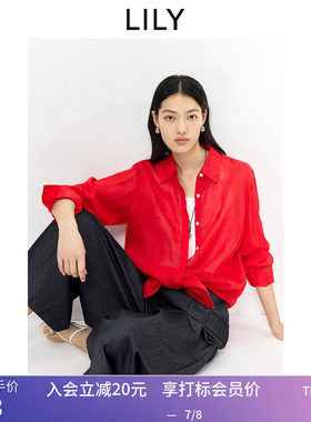 100%苎麻LILY2026夏新款女装翻领宽松休闲通勤大红色薄款衬衫外套
