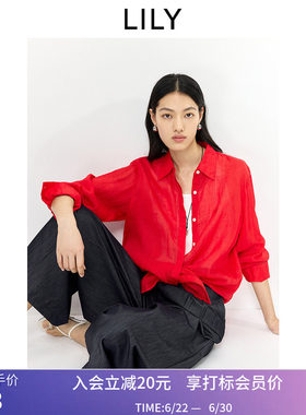 100%苎麻LILY2026夏新款女装翻领宽松休闲通勤大红色薄款衬衫外套